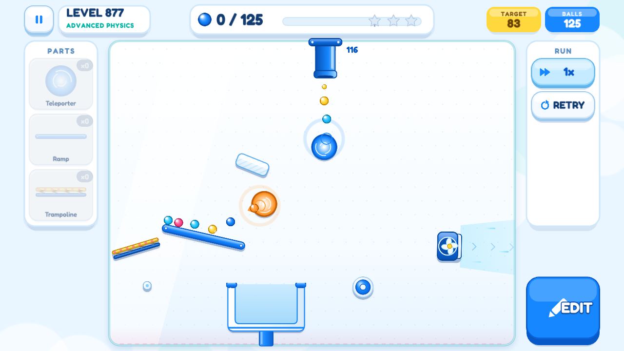 Ball Cascade level 877: balls drop from the tube through a teleporter and roll down a ramp towards the bucket