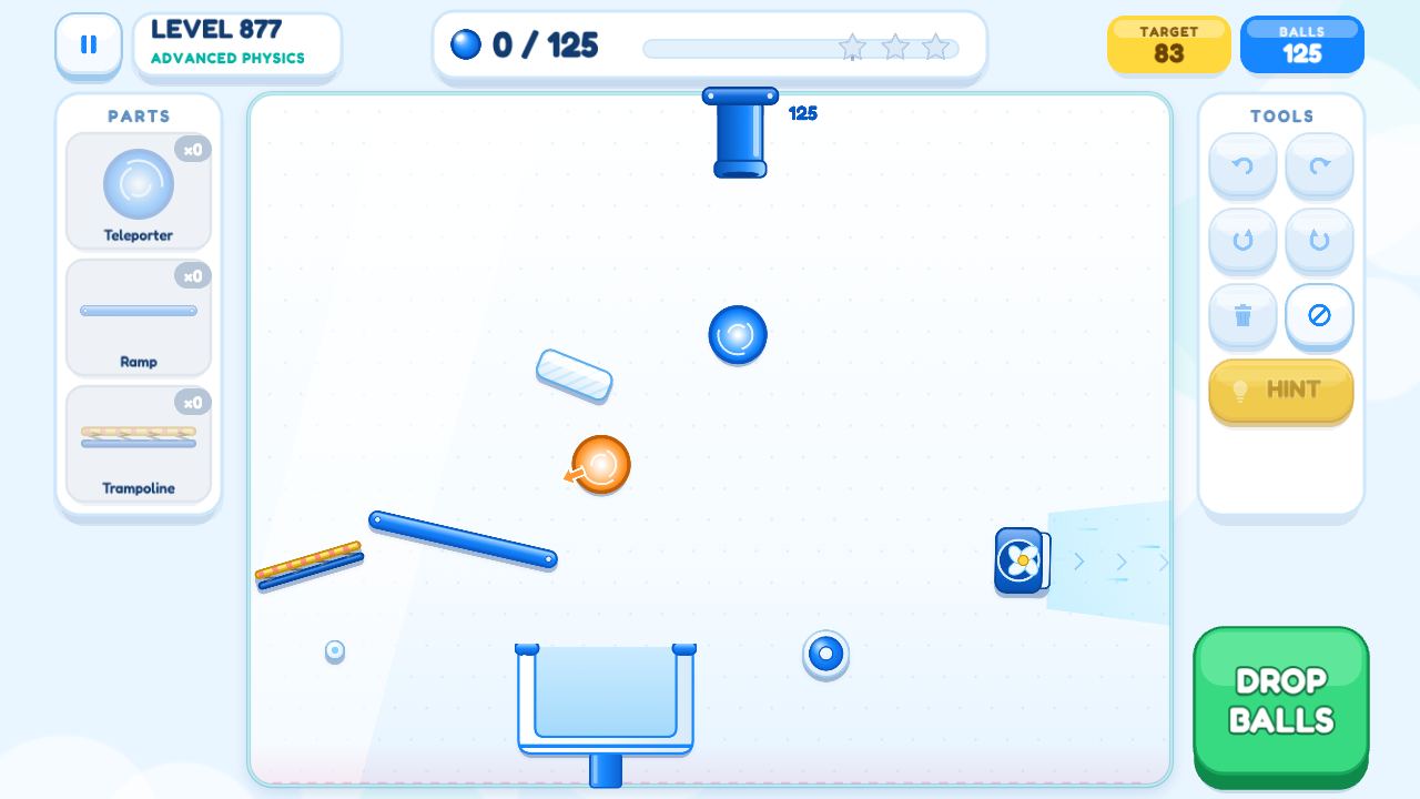 Building a solution in Ball Cascade: the parts tray with a teleporter, ramp and trampoline beside the level, and the Drop Balls button