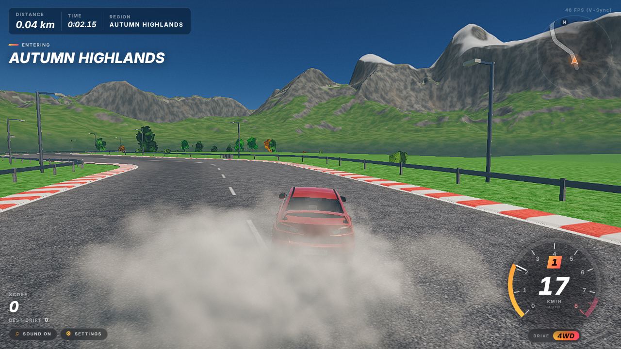 Infinite Drift gameplay: a red car slides round a bend in the Autumn Highlands in a cloud of tyre smoke, with mountains behind