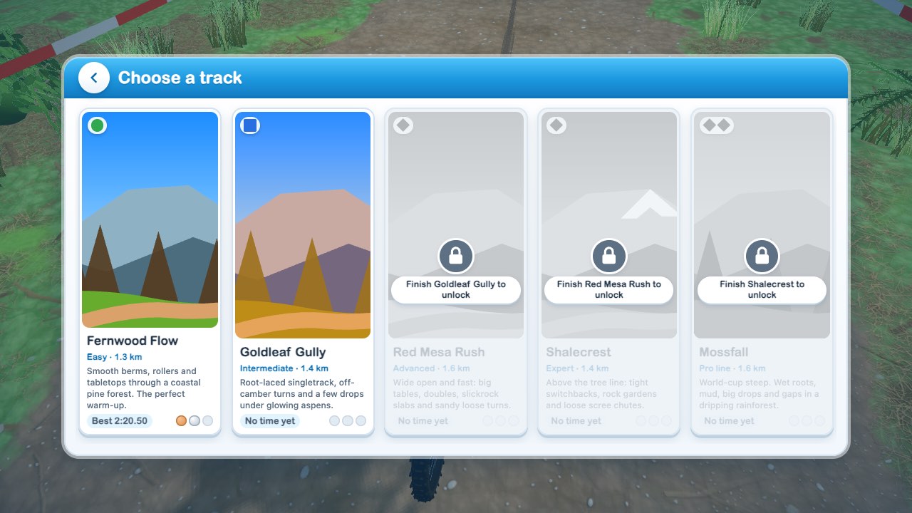 Loamline track select: Fernwood Flow and Goldleaf Gully are open, and Red Mesa Rush, Shalecrest and Mossfall unlock as you finish the track before each one