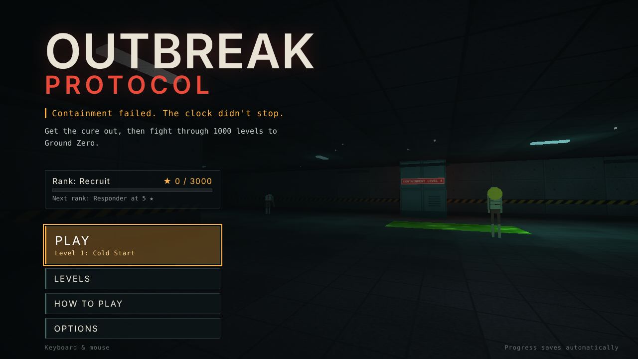 Outbreak Protocol main menu with Play, Levels, How to play and Options, showing the rank Recruit and 0 of 3,000 stars