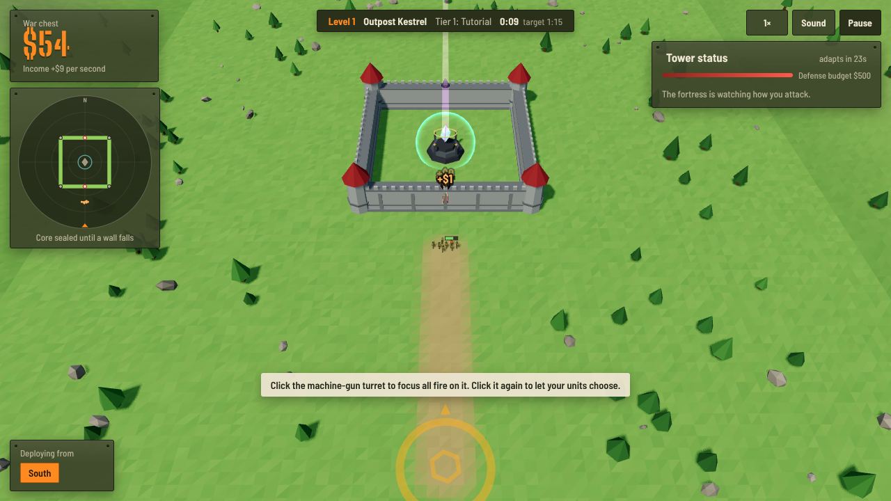 Overthrow: Tower Attack level 1: soldiers march across the grass towards the walled fortress, with the Tower Status panel on the right