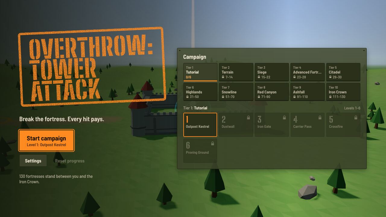 Overthrow: Tower Attack campaign menu: ten tiers of fortresses, from the Tutorial to the Iron Crown, starting at Outpost Kestrel
