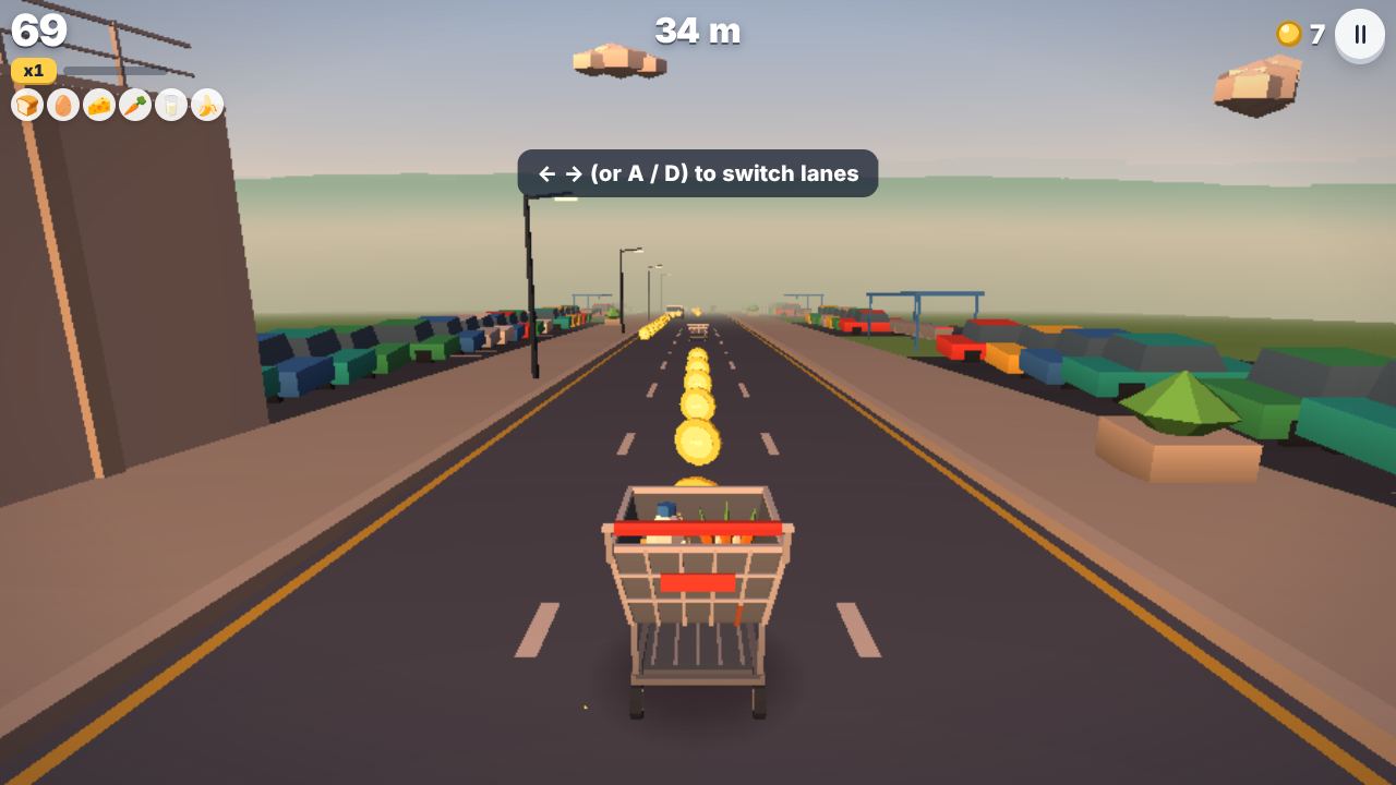 Runaway Cart gameplay: the shopping cart rolls down the centre lane collecting a line of coins in the supermarket car park