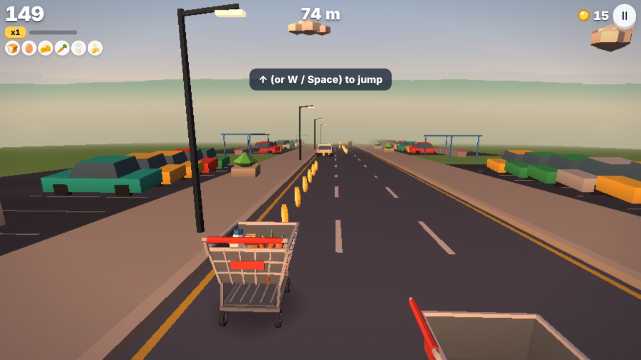 Runaway Cart: the cart rolls down the road past parked cars and stalls, with the tip to jump over obstacles