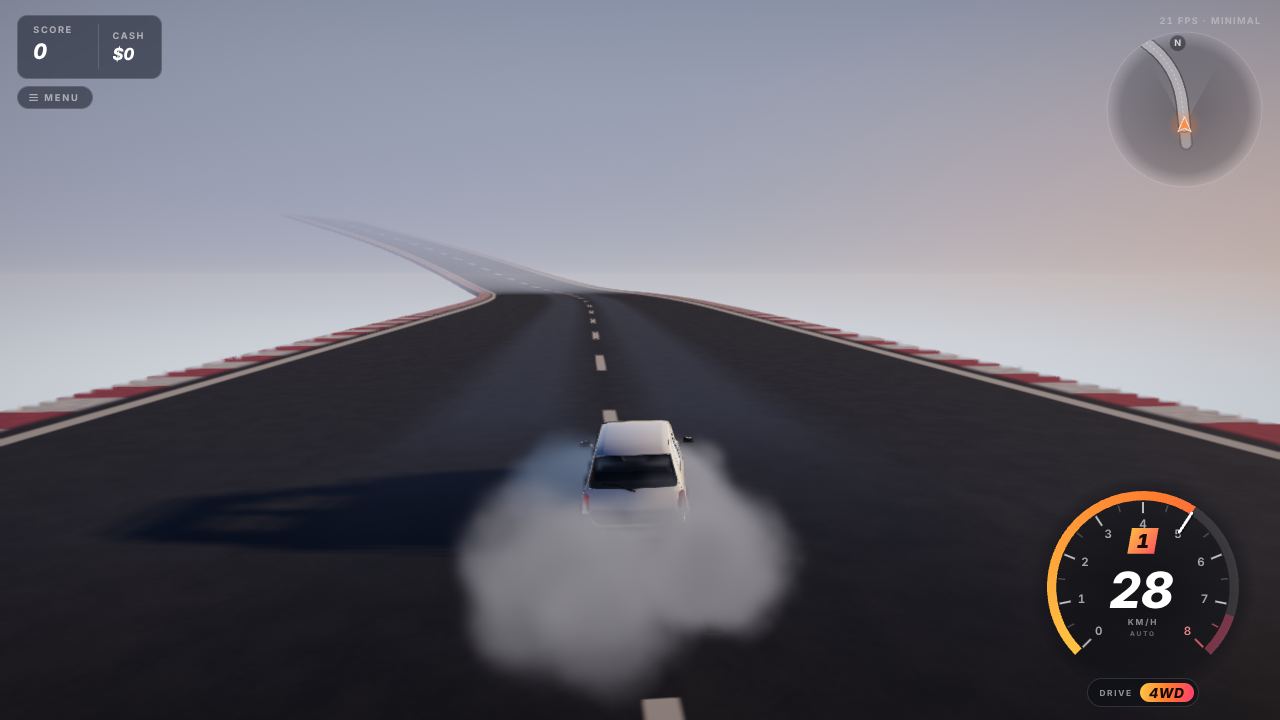 Sky Drift gameplay: a car drifts along the floating road in a cloud of tyre smoke, with the speedometer and minimap on screen
